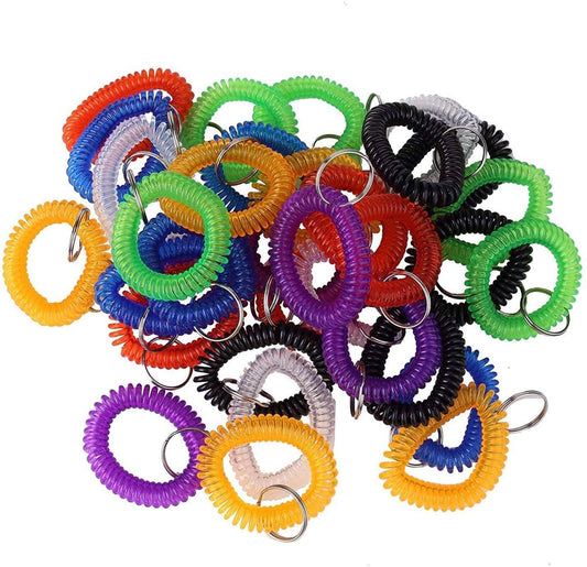 Pack of 35 Assorted Color Stretchable Plastic Bracelet Wrist Coil Wrist Band Key Ring Chain Holder Tag